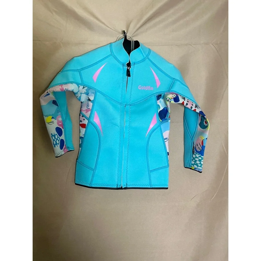 Goldfin Wetsuit Jacket Girls Size 6 Turquoise Excellent Full Zip Neoprene Print